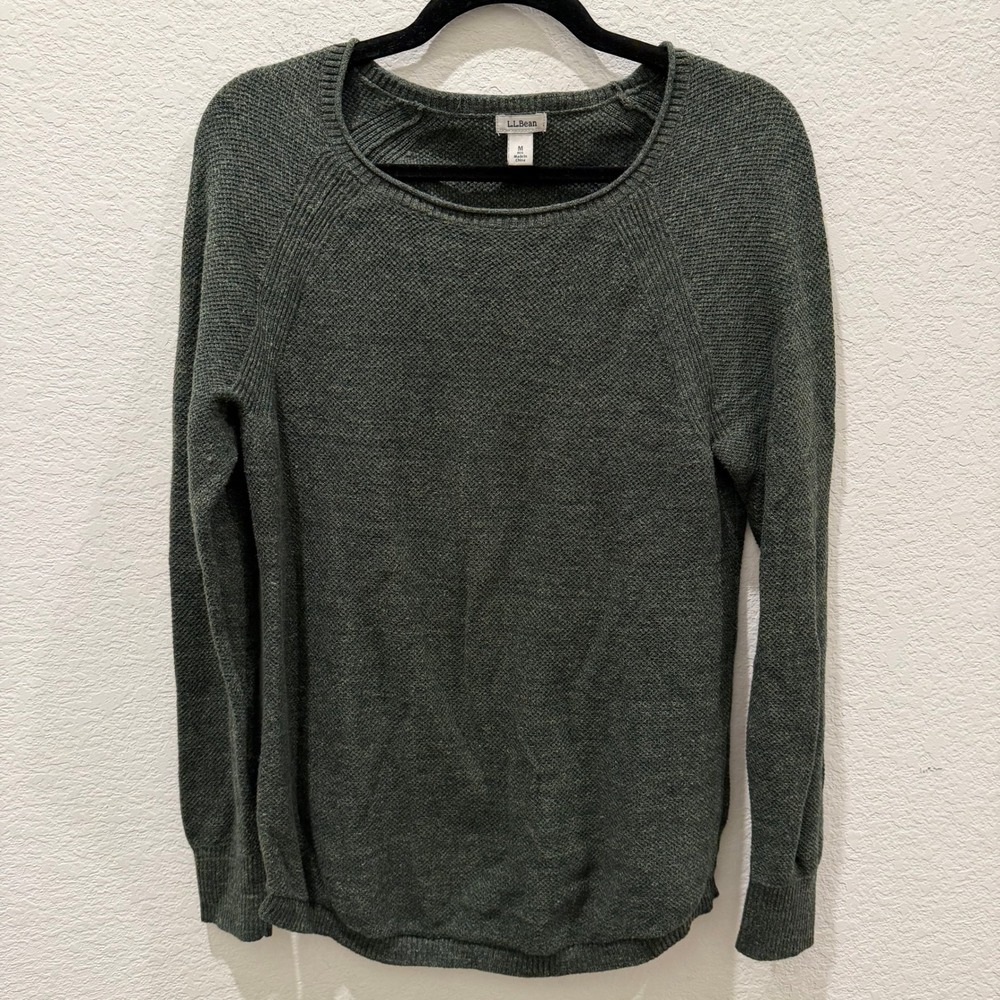 LL Bean Womens Medium Green Cotton Blend Textured Knit Raglan Sweater 504220
